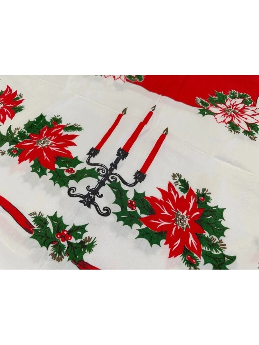 Christmas Holly Candle Poinsettia Holly Tablecloth White Red Rectangle